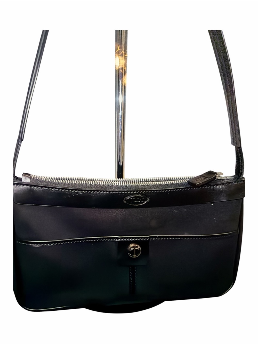 TOD'S Black Satin Nylon & Patent Leather Mini Shoulder Bag Made in Italy